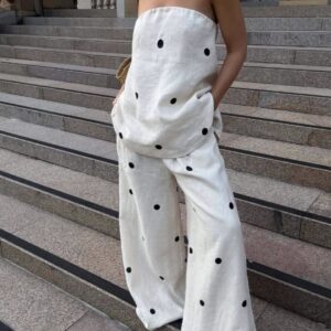 Polka Dot Tube Top Wide Leg Pants Suit
