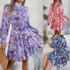 Stand Collar Flower Waist-controlled Long Sleeves Ruffled A-line Dress