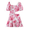 Rustic New Printed Diagonal Neck Waist Cutout Puff Sleeve Dress