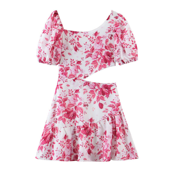 Rustic New Printed Diagonal Neck Waist Cutout Puff Sleeve Dress