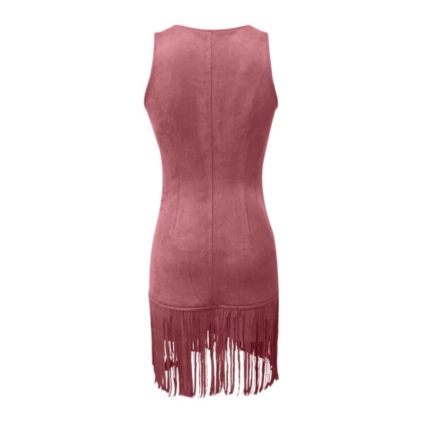 Women's Western Style Vest Dress - V-Neck Button Front Mini Dress With Fringe Detail Summer Wear