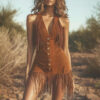Women's Western Style Vest Dress - V-Neck Button Front Mini Dress With Fringe Detail Summer Wear