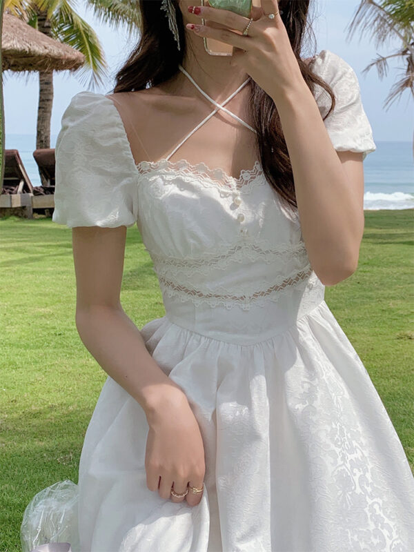 White Skirt First Love Retro Tunic Square Neck Halter Dress