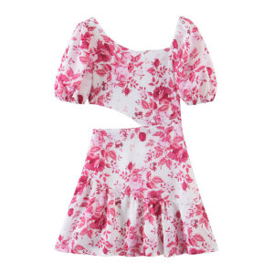 Rustic New Printed Diagonal Neck Waist Cutout Puff Sleeve Dress