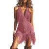 Women's Western Style Vest Dress - V-Neck Button Front Mini Dress With Fringe Detail Summer Wear