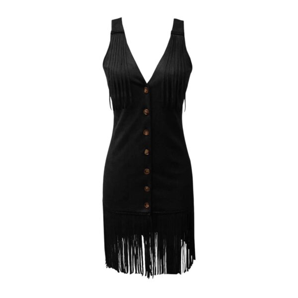 Women's Western Style Vest Dress - V-Neck Button Front Mini Dress With Fringe Detail Summer Wear