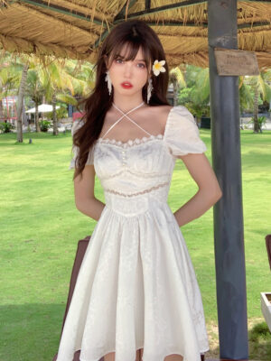 White Skirt First Love Retro Tunic Square Neck Halter Dress