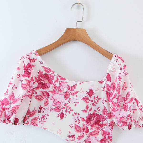 Rustic New Printed Diagonal Neck Waist Cutout Puff Sleeve Dress