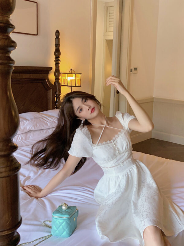 White Skirt First Love Retro Tunic Square Neck Halter Dress